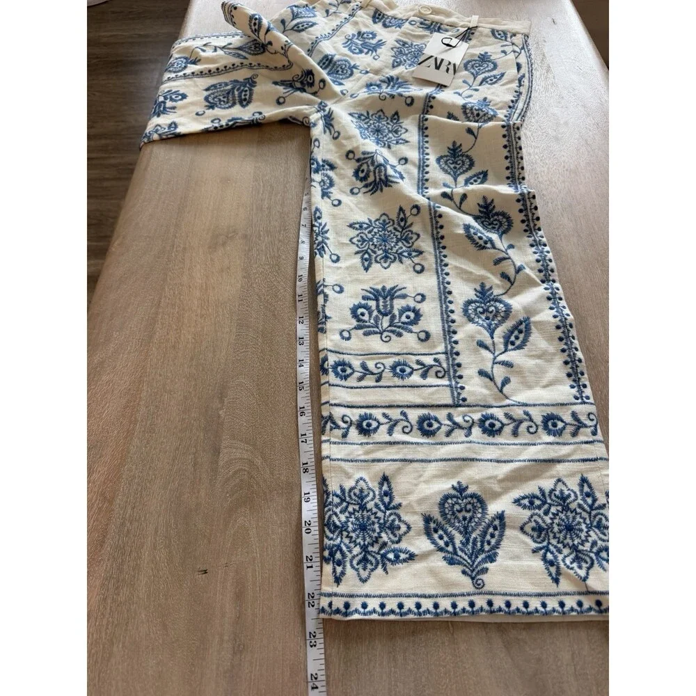 Zara NWT Embroidered Linen Blend Straight Leg Pants Ivory & Blue Pattern Size XS - Picture 7 of 9